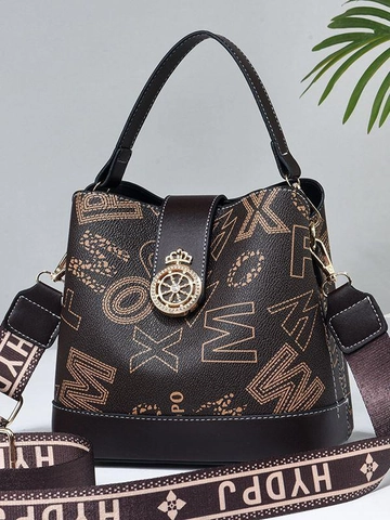 Bolso Cubo De Mujer De Cuero PU Estampado De Monograma Cuadros Bolso De Hombro Con Correa Ancha Moda Retro