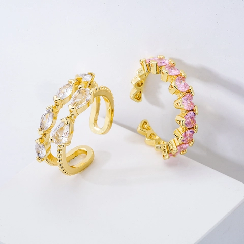 18K Gold Plated Copper Open Rings For Women Geometric Adjustable Ring With Marquise Pink Heart Zircon Elegant Jewelry