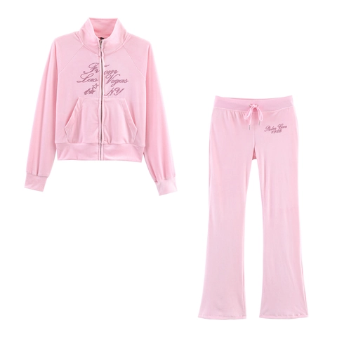 Survêtement en Velours pour Femmes avec Strass Lettres Gothiques Veste à Fermeture Éclair Haut à Manches Longues et Pantalon Large à Taille Haute Décontracté Streetwear
