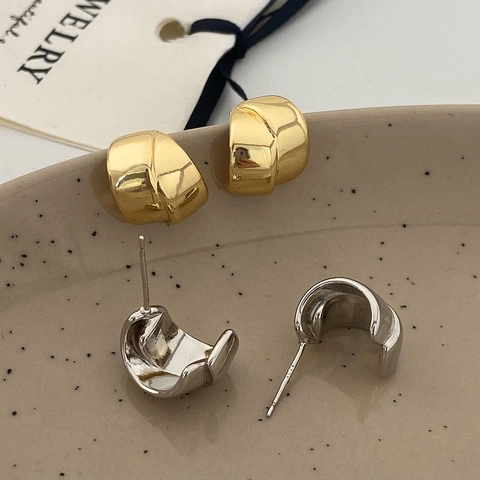 Fashion Copper Hoop Earrings Gold Plated Twisted Geometric Minimalist C-shaped Lava Texture Studs For Women Trendy Jewelry