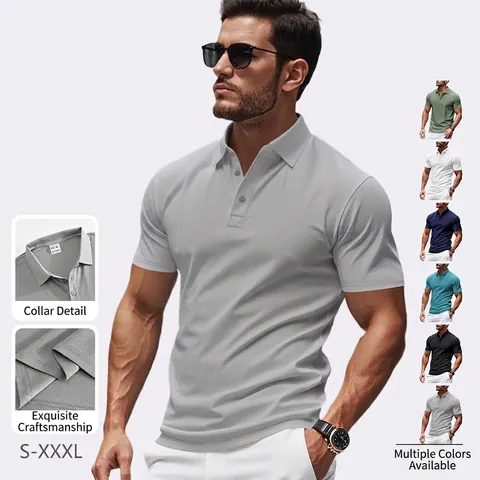 Men Polo Shirt Short Sleeve Breathable Quick Dry Polyester Solid Color Business Casual Lapel Pique Knit Top