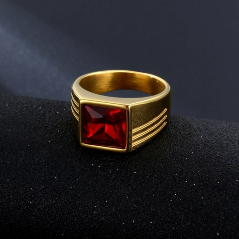 Anello Uomo Vintage Acciaio Titanio Con Strass Rosso Quadrato Intarsiato Motivo Geometrico Placcato Oro Acciaio Stile Punk Gioielli Moda