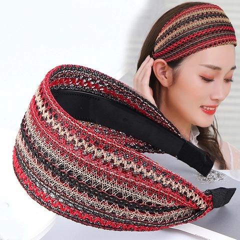 Women Wide Braided Headband Bohemian Knitted Mesh Striped Hair Band Colorful Retro Ethnic Style Hair Accessory