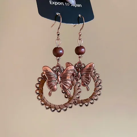 Vintage Butterfly Drop Earrings Bohemian Alloy Wood Bead Hollow Round Frame Bronze Ethnic Jewelry For Women