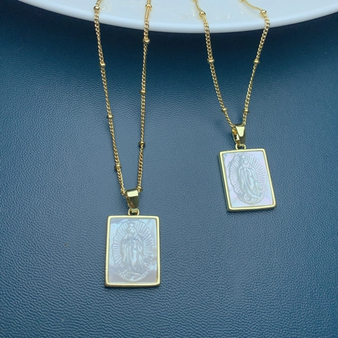 Our Lady Of Guadalupe Pendant Necklace 18K Gold Plated Copper Rectangular Natural Mother Of Artificial Pearl Beaded Chain Jewelry