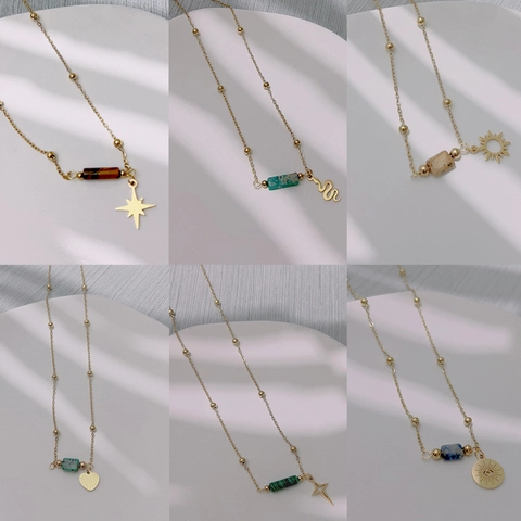 Collana Pendente In Pietra Naturale Acciaio Inossidabile Placcato Oro Bohemien Serpente Stella Sole Occhio Per Donne