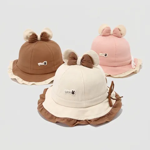 Toddler Girls Cotton Bucket Hat Cute Rabbit Bow Sun Protection Ruffle Brim Fisherman Cap With Windproof Rope Sweet