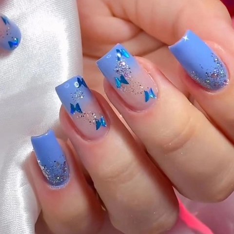 Press On Nails Light Blue Gradient Butterfly Pattern Silver Glitter Glossy Finish Square Shape False Nails For Women Sweet Ins Style