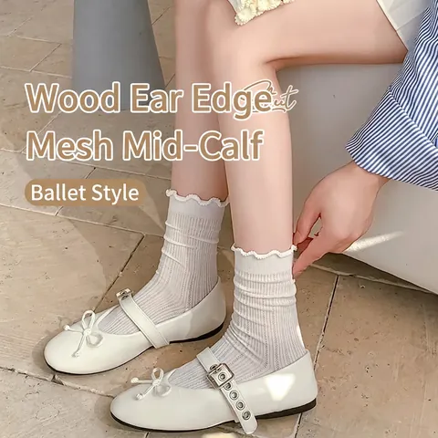Women Mid-Calf Socks Cotton Ribbed Lettuce Edge Ruffle Trim Solid Color Breathable Casual Balletcore Style