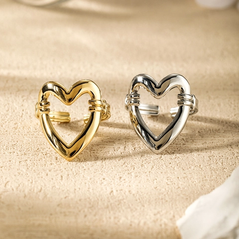 Minimalistisch Hartvormig Hol Open Ring Voor Dames Mode 304 Roestvrij Staal 18K Verguld Verstelbaar Vinger Sieraden