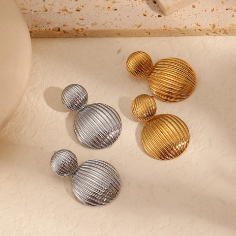 Geometric Double Ball Stud Earrings Stainless Steel Ribbed Striped Texture Lantern Shape Retro Jewelry For Women