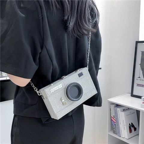 Creative Camera Shaped Crossbody Bag For Women Sequin Glitter PU Leather Chain Shoulder Purse Novelty Streetwear Mini Handbag