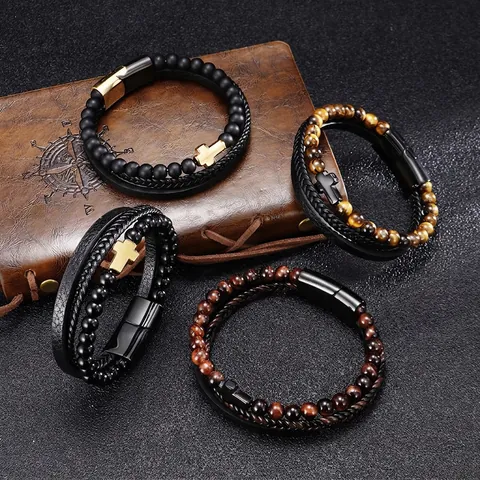 Men Multi-layer Leather Bracelet Natural Tiger Eye Beaded Stainless Steel Cross Charm Magnetic Clasp Punk Jewelry