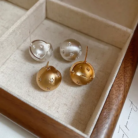 Orecchini A Lobo A Sfera Spazzolati Vintage Stella Zircone Rame Gioielli Con Perno In Argento Per Donna
