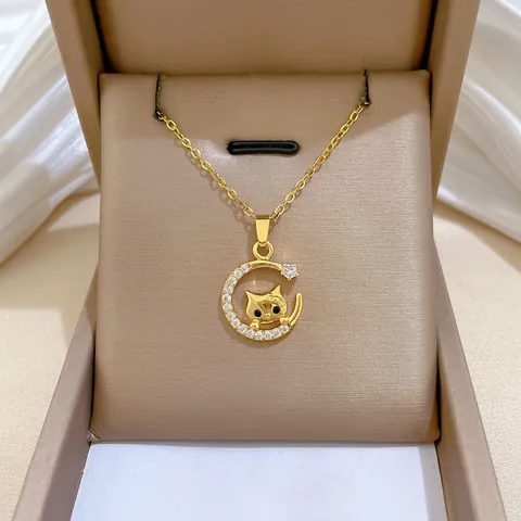 Moon Cat Pendant Necklace Titanium Steel Chain Copper Micro Pave Zircon Elegant Cute Jewelry For Women