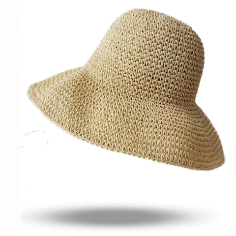 Damen Sommer Strand Strohhut Handgefertigt Häkeln Breite Krempe Faltbar Sonnenschutz Outdoor Atmungsaktiv Elegant Fischerhut