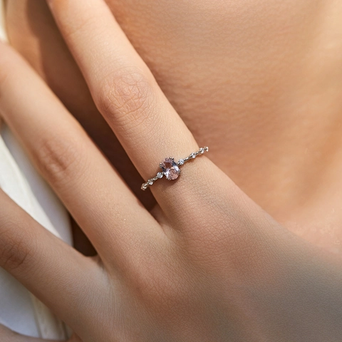 925 Sterling Silber Ring Mit Rosa Ovalem Kristall Und Weißen Zirkonia Süßer Eleganter Prinzessinnen Schmuck Für Damen