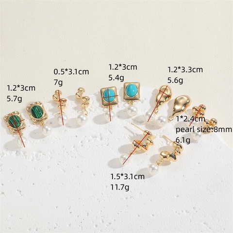 Vintage 14K Gold Plated Copper Stud Earrings With Artificial Pearl And Natural Stone Malachite Turquoise For Women Jewelry