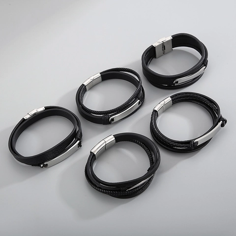 Mens Braided Leather Bracelet With Stainless Steel Plate Magnetic Clasp Punk Business Style