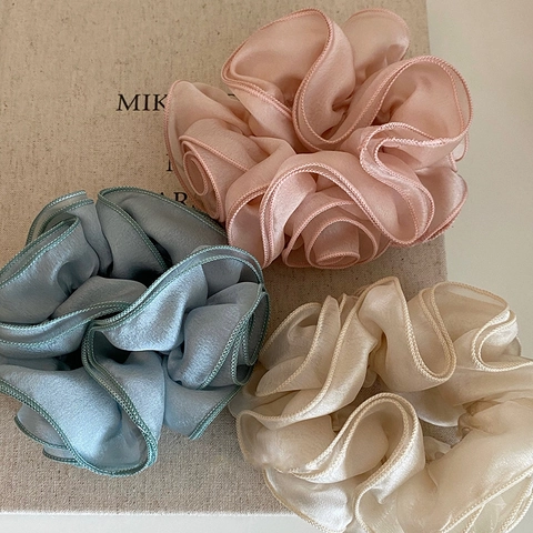 Franse Roos Bloem Organza Satijn Scrunchie Ruches Elastische Haarband Zoete Stijl Voor Vrouwen