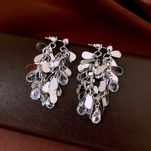 French Retro Light Luxury Tassel Drop Earrings With Zircon Sequins Water Drop Dangle Silver Earring Post Copper Elegant