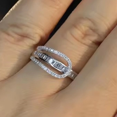 Elegant Women Ring Copper With Baguette Cut Zircon Micro Pave Round Stones Chic Style White Gold Tone Fashion Jewelry
