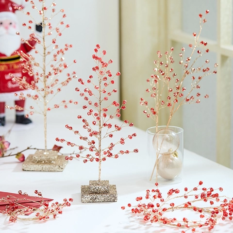 Red Acrylic Bead Christmas Tree Wreath Garland Golden Wire Festive Holiday Desktop Decoration DIY Branch