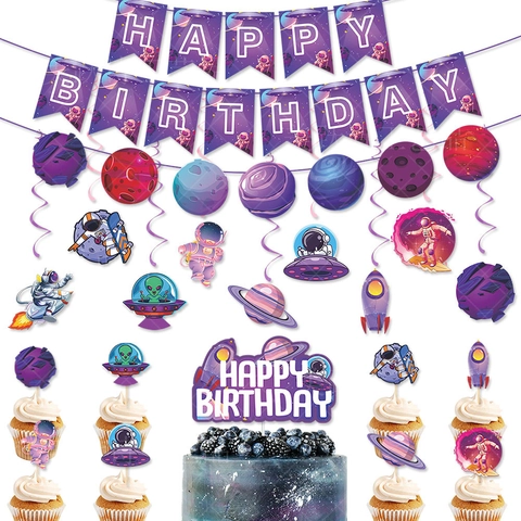 Astronaut Outer Space Birthday Party Decorations Paper Happy Birthday Banner Hanging Swirls Cake Toppers Glasses Galaxy Theme