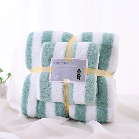 Striped Coral Fleece Bath Towel And Face Towel Absorbent Quick Dry Super Soft Bathroom Gift