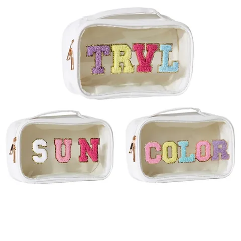 Transparente PVC Kosmetiktasche Chenille Buchstaben Patches Wasserdicht Reise Make Up Organizer Handtasche Für Damen