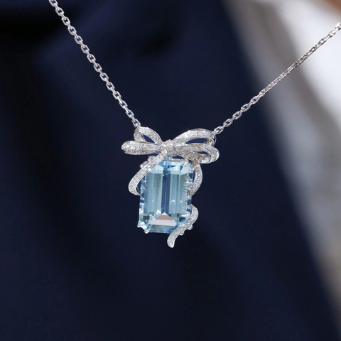 Princess Square Cut Light Blue Faux Aquamarine Pendant Necklace Copper With Rhinestone Bow Elegant Jewelry For Women
