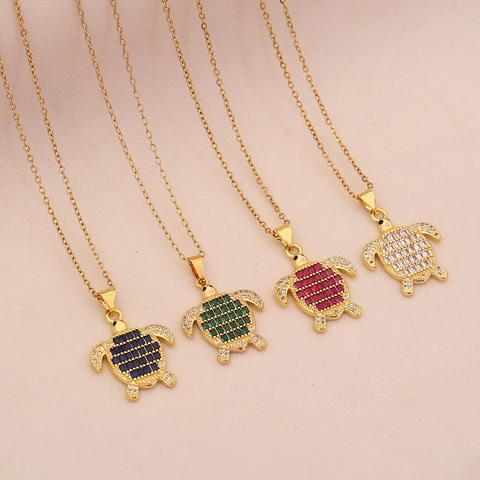 Collana Con Ciondolo Tartaruga Marina In Acciaio Inossidabile Catena Per Clavicola Con Zirconia Cubica Rettangolare Colorata