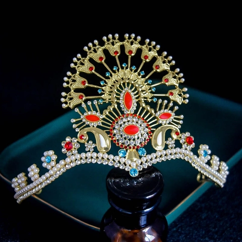 Luxury Bridal Crown Tiara Alloy Faux Artificial Pearl Rhinestone Peacock Fan Design Vintage Wedding Party Hair Accessories