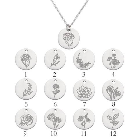 Collar Flor De Nacimiento Acero Inoxidable 304 Colgante Disco Redondo Joyería Floral Grabada Regalo De Cumpleaños