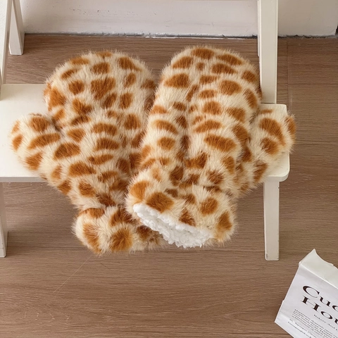 Winter Plüsch Mütze Schal Handschuhe Giraffenmuster Kunstkaninchenfell Warm Winddicht Niedlich Ohren Damen Accessoire