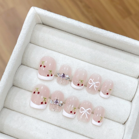 Press On Nails French Nude Pink Red Cherry Bow Design Rhinestone Artificial Pearl Artificial False Finger Nails Reusable For Women