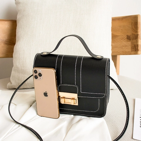 Women Handbag PU Leather Contrast Stitching Golden Metal Lock Shoulder Crossbody Bag Top Handle Square Flap Versatile