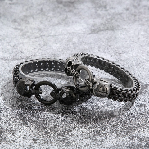 Men Stainless Steel Double Skull Head Bracelet Woven Wheat Chain Punk Gothic Biker Jewelry Dominant Bangle