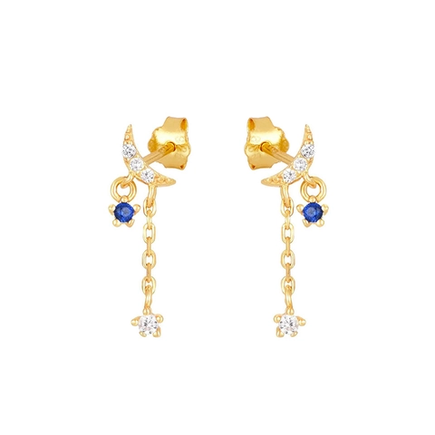 Orecchini Pendenti Francesi di Lusso con Luna e Stella e Nappina per Donna Perno in Argento Sterling 925 Rame e Strass