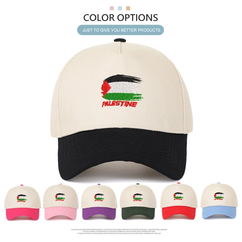 Berretto da Baseball Ricamato con Bandiera della Palestina e Lettere Cotone Colore a Contrasto Cinque Pannelli Cappello Trucker Regolabile Retrò Unisex