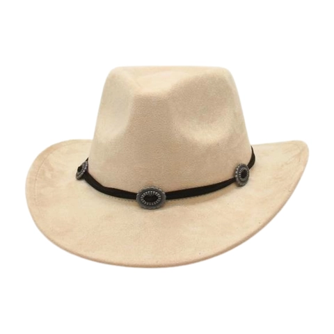 Vintage Western Cowboy Hat Suede Polyester Felt Wide Brim With Metal Conchos Retro Ethnic Style For Outdoor Travel