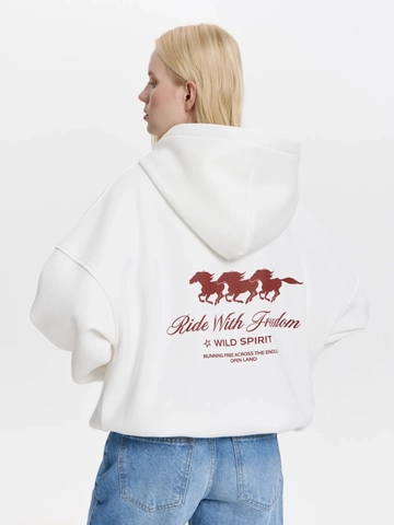 Women Oversized Hooded Sweatshirt Cotton Back Horse Print Wild Spirit Streetwear Casual Long Sleeve Drop Shoulder