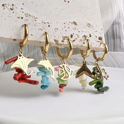 Ozean Thema Edelstahl Creolen Meereslebewesen Anhänger Bunte Perlen Tropische Fische Delfin Oktopus Sommer Schmuck