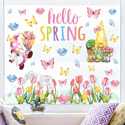 Spring Window Stickers PVC Hello Spring Gnomes Butterfly Floral Wall Decals Removable Waterproof Home Glass Decoration