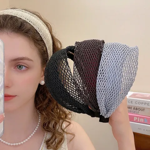 Geweven Haarband Brede Rand Retro Hol Mesh Ontwerp Handgemaakte Polyester Stof Alice Band Voor Dames Elegante Haaraccessoires