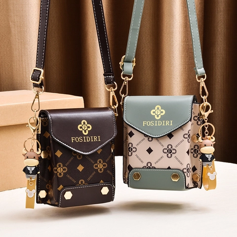 Women Mini Crossbody Phone Bag PU Leather Vertical Square Pattern Magnetic Snap Closure With Cartoon Doll Pendant Retro