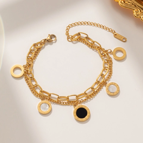 Titanium Steel Double Layer Bracelet For Women Rose Gold Gold Silver Roman Numeral Round Pendant Shell Fashion Jewelry