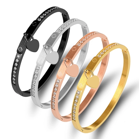 Stainless Steel Bangle Heart Lock Pendant Double Row Zircon Rhinestone Brushed Metal Hinged Cuff Fashion Jewelry For Women