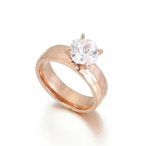 Roestvrijstalen Ring Voor Dames Met Vierkante Zirkoon Klauwzetting Gehamerde Textuur Minimalistische Sieraden