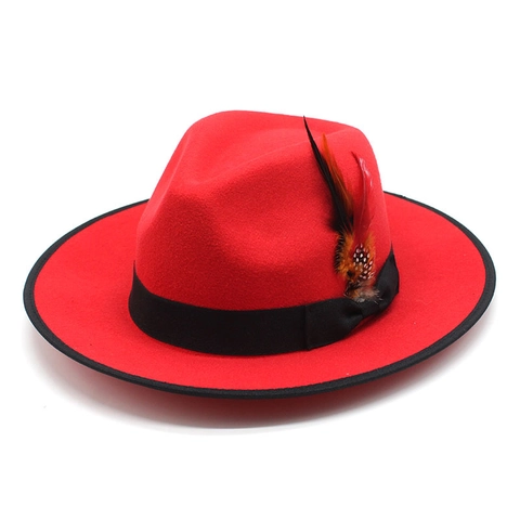Breitkrempiger Fedora Hut Wollfilz Mit Feder Akzent Vintage Britischer Stil Jazz Kappe Eleganter Kontrastbesatz